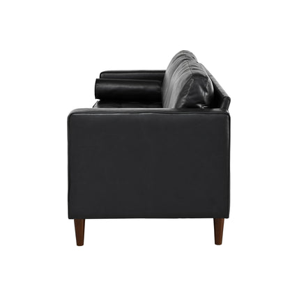 Mirod Mid-Century Modern PU Leather 3-Seat Sofa, Tufted Design, Solid Wood Legs, 2 Bolster Pillows