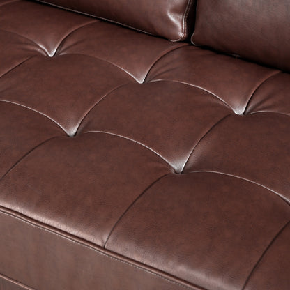 Mirod Mid-Century Modern PU Leather 3-Seat Sofa, Tufted Design, Solid Wood Legs, 2 Bolster Pillows