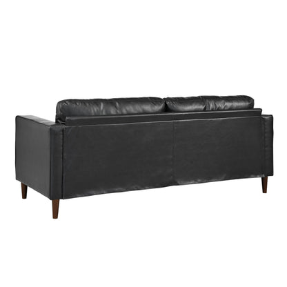 Mirod Mid-Century Modern PU Leather 3-Seat Sofa, Tufted Design, Solid Wood Legs, 2 Bolster Pillows