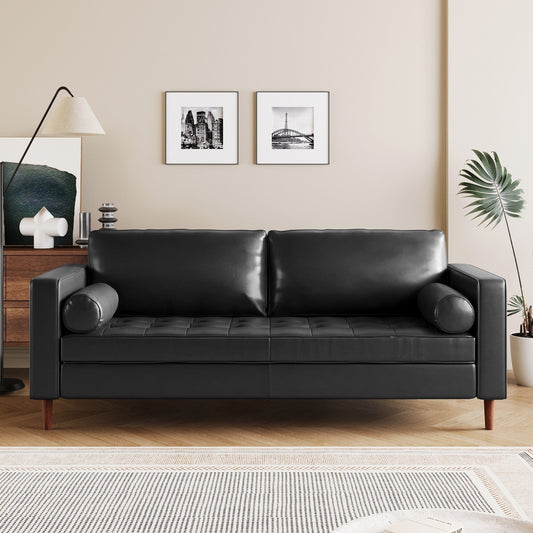 Mirod Mid-Century Modern PU Leather 3-Seat Sofa, Tufted Design, Solid Wood Legs, 2 Bolster Pillows