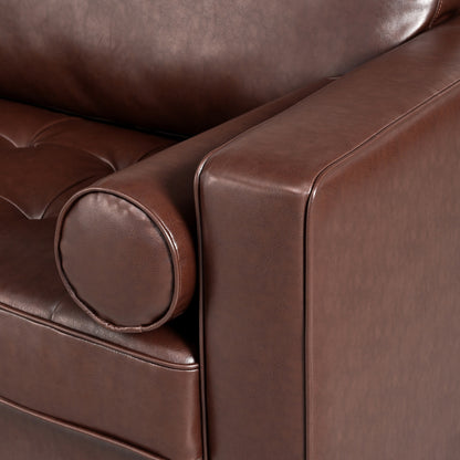 Mirod Mid-Century Modern PU Leather 3-Seat Sofa, Tufted Design, Solid Wood Legs, 2 Bolster Pillows