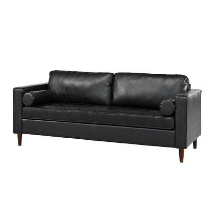 Mirod Mid-Century Modern PU Leather 3-Seat Sofa, Tufted Design, Solid Wood Legs, 2 Bolster Pillows
