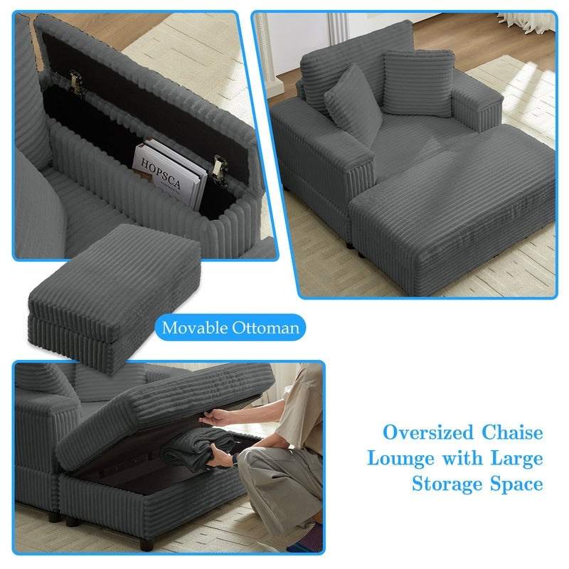 Mixoy 42ââCorduroy Chaise Lounge Chair with Storage Ottoman&Armrests,Upholstered Sleeper Reclining Chair