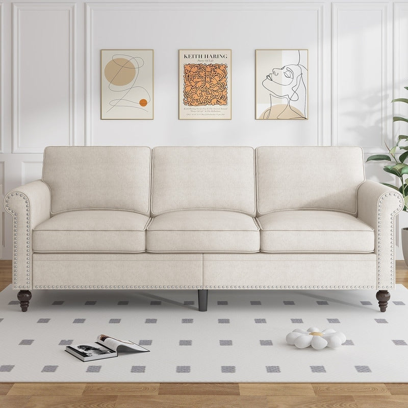 Mixoy W76'' Modern Soft Linen Fabric 3-Seater Sofa Couch with Rivet Design for Living Room