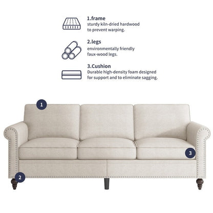 Mixoy W76'' Modern Soft Linen Fabric 3-Seater Sofa Couch with Rivet Design for Living Room