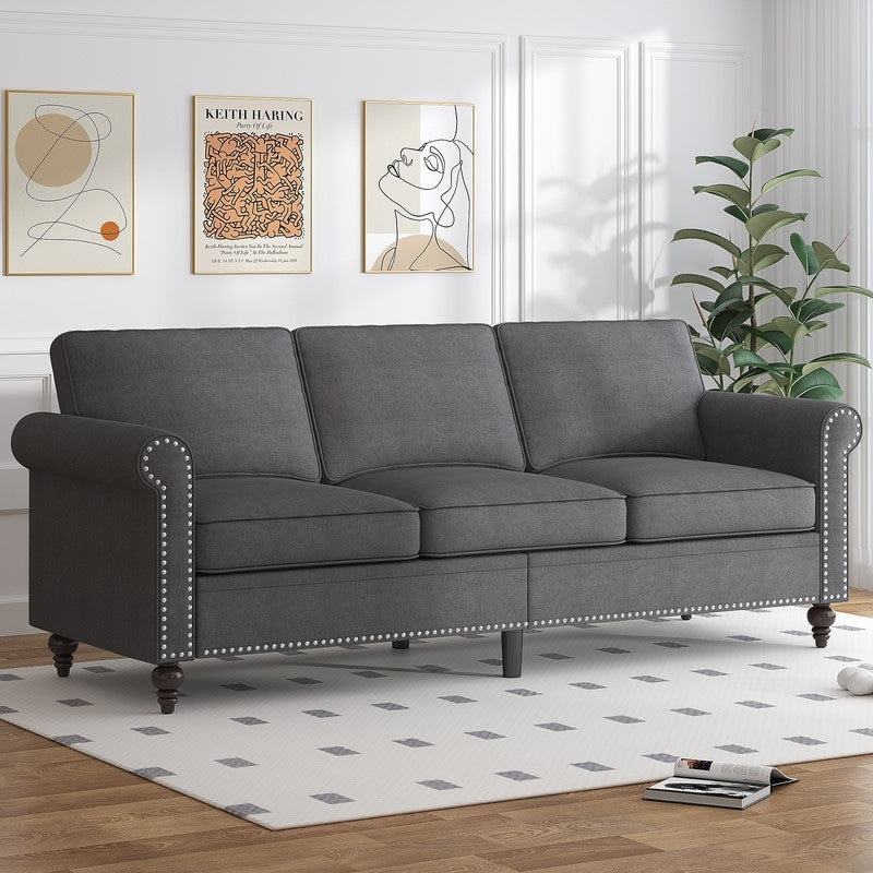 Mixoy W76'' Modern Soft Linen Fabric 3-Seater Sofa Couch with Rivet Design for Living Room