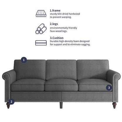 Mixoy W76'' Modern Soft Linen Fabric 3-Seater Sofa Couch with Rivet Design for Living Room