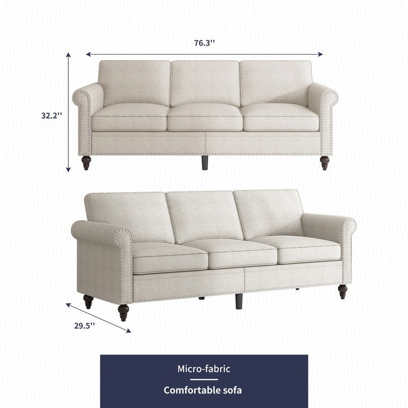 Mixoy W76'' Modern Soft Linen Fabric 3-Seater Sofa Couch with Rivet Design for Living Room