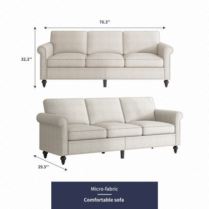 Mixoy W76'' Modern Soft Linen Fabric 3-Seater Sofa Couch with Rivet Design for Living Room