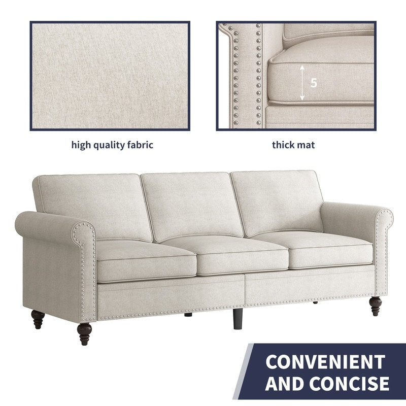 Mixoy W76'' Modern Soft Linen Fabric 3-Seater Sofa Couch with Rivet Design for Living Room