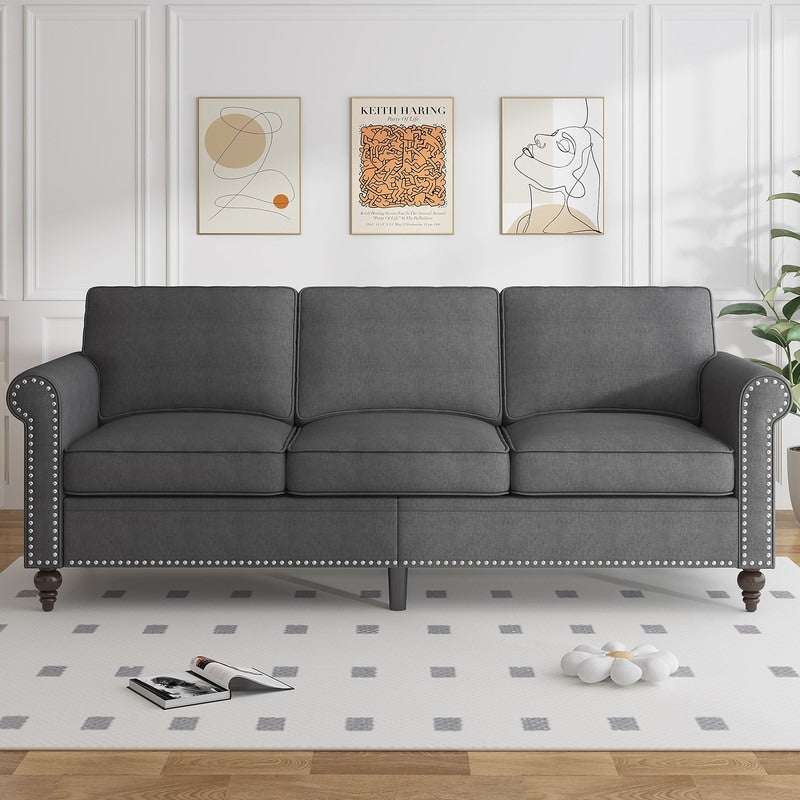 Mixoy W76'' Modern Soft Linen Fabric 3-Seater Sofa Couch with Rivet Design for Living Room