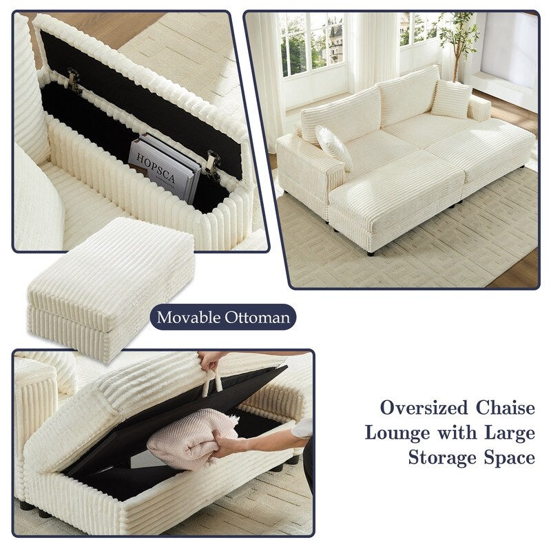 Mixoy 85ââCorduroy Loveseat Chaise Lounge with Storage Ottoman&Armrests,Upholstered 2-Seater Sleeper Reclining Chair Indoor