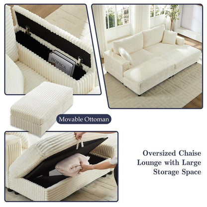 Mixoy 85ââCorduroy Loveseat Chaise Lounge with Storage Ottoman&Armrests,Upholstered 2-Seater Sleeper Reclining Chair Indoor