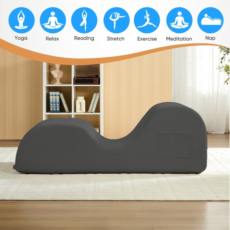 Mixoy Corduroy Yoga Chaise Lounge Chair,Curved Yoga Sofa with Movable Headrest/Waist Cushion/Footrest,Non-Slip Bottom