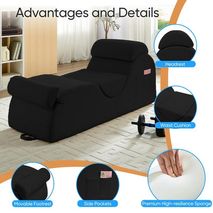 Mixoy Corduroy Yoga Chaise Lounge Chair,Curved Yoga Sofa with Movable Headrest/Waist Cushion/Footrest,Non-Slip Bottom
