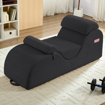 Mixoy Corduroy Yoga Chaise Lounge Chair,Curved Yoga Sofa with Movable Headrest/Waist Cushion/Footrest,Non-Slip Bottom