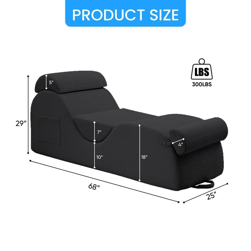 Mixoy Corduroy Yoga Chaise Lounge Chair,Curved Yoga Sofa with Movable Headrest/Waist Cushion/Footrest,Non-Slip Bottom