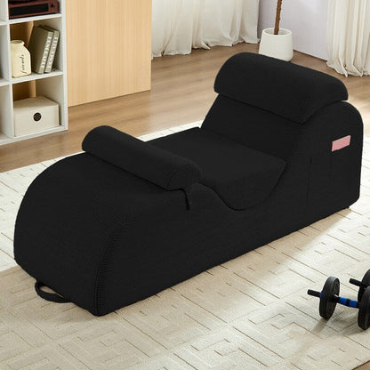 Mixoy Corduroy Yoga Chaise Lounge Chair,Curved Yoga Sofa with Movable Headrest/Waist Cushion/Footrest,Non-Slip Bottom
