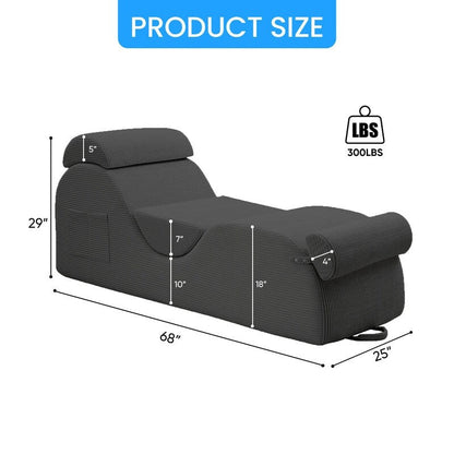 Mixoy Corduroy Yoga Chaise Lounge Chair,Curved Yoga Sofa with Movable Headrest/Waist Cushion/Footrest,Non-Slip Bottom