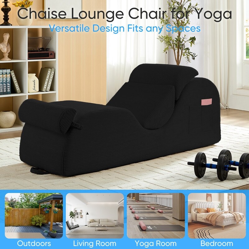 Mixoy Corduroy Yoga Chaise Lounge Chair,Curved Yoga Sofa with Movable Headrest/Waist Cushion/Footrest,Non-Slip Bottom
