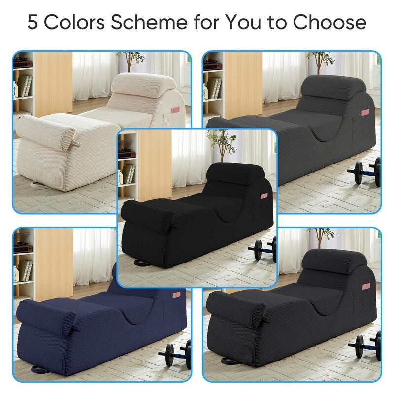 Mixoy Corduroy Yoga Chaise Lounge Chair,Curved Yoga Sofa with Movable Headrest/Waist Cushion/Footrest,Non-Slip Bottom