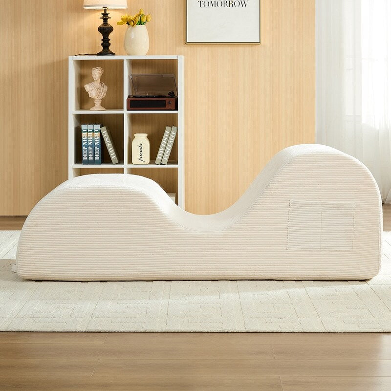 Mixoy Corduroy Yoga Chaise Lounge Chair,Curved Yoga Sofa with Movable Headrest/Waist Cushion/Footrest,Non-Slip Bottom