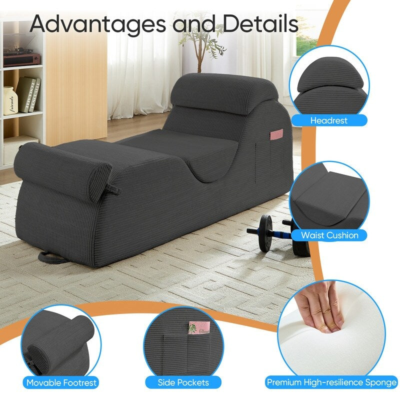 Mixoy Corduroy Yoga Chaise Lounge Chair,Curved Yoga Sofa with Movable Headrest/Waist Cushion/Footrest,Non-Slip Bottom