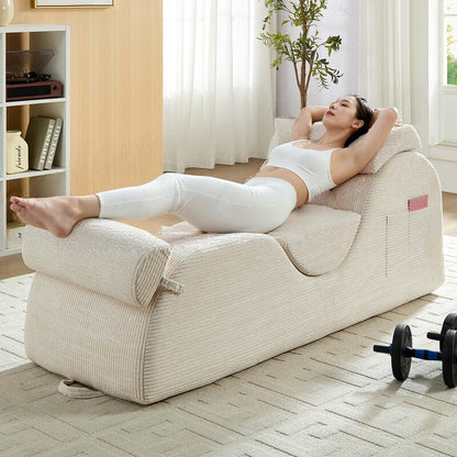 Mixoy Corduroy Yoga Chaise Lounge Chair,Curved Yoga Sofa with Movable Headrest/Waist Cushion/Footrest,Non-Slip Bottom