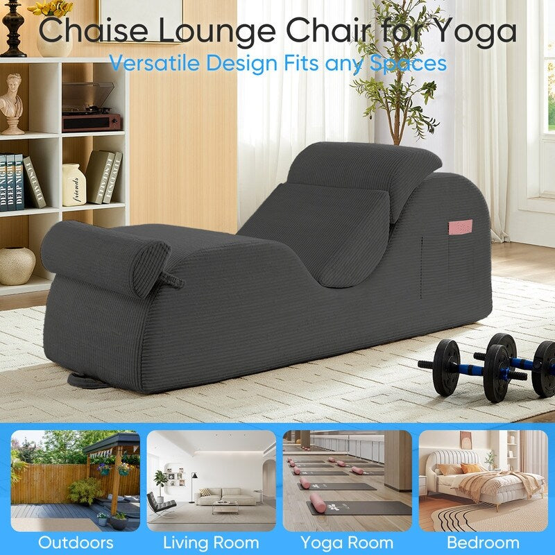 Mixoy Corduroy Yoga Chaise Lounge Chair,Curved Yoga Sofa with Movable Headrest/Waist Cushion/Footrest,Non-Slip Bottom