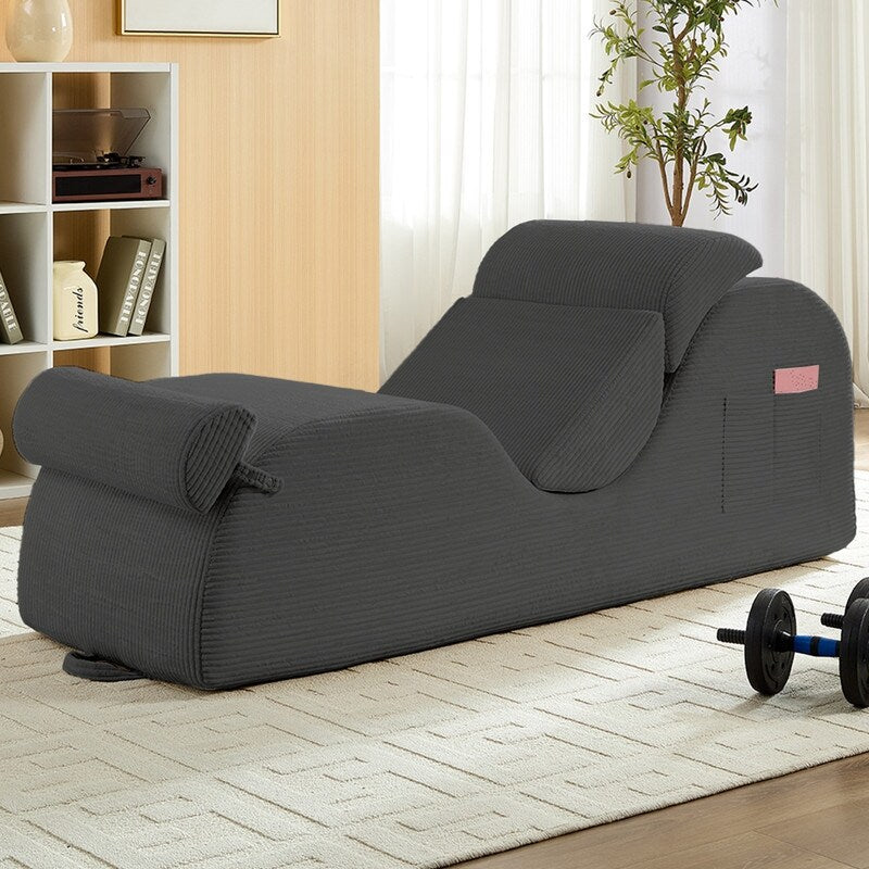 Mixoy Corduroy Yoga Chaise Lounge Chair,Curved Yoga Sofa with Movable Headrest/Waist Cushion/Footrest,Non-Slip Bottom