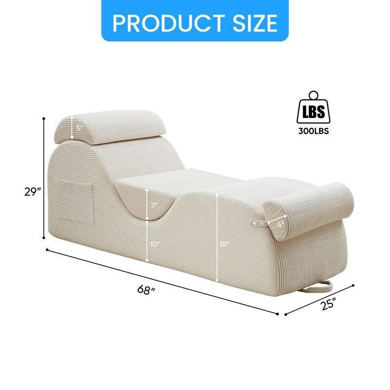 Mixoy Corduroy Yoga Chaise Lounge Chair,Curved Yoga Sofa with Movable Headrest/Waist Cushion/Footrest,Non-Slip Bottom