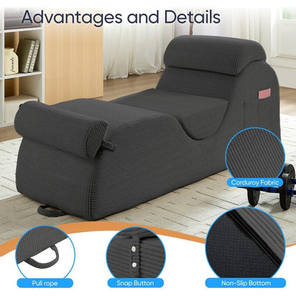 Mixoy Corduroy Yoga Chaise Lounge Chair,Curved Yoga Sofa with Movable Headrest/Waist Cushion/Footrest,Non-Slip Bottom