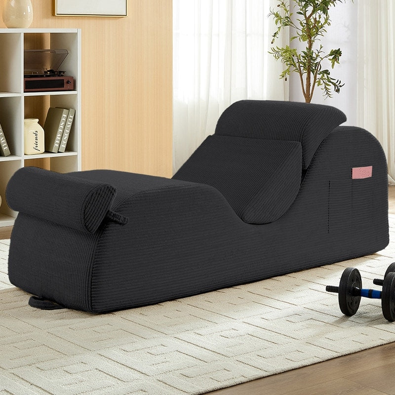 Mixoy Corduroy Yoga Chaise Lounge Chair,Curved Yoga Sofa with Movable Headrest/Waist Cushion/Footrest,Non-Slip Bottom