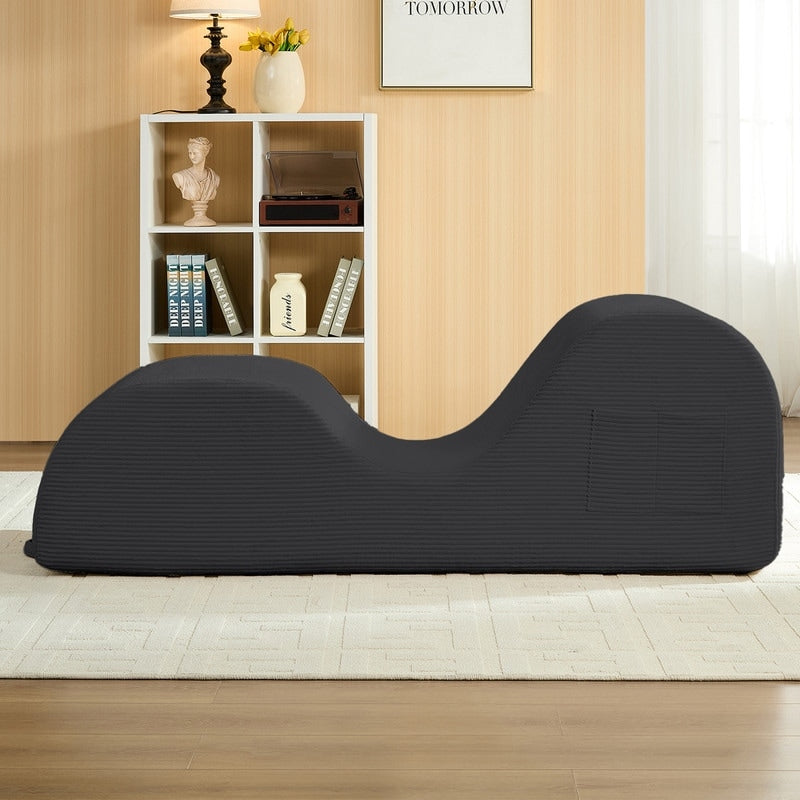 Mixoy Corduroy Yoga Chaise Lounge Chair,Curved Yoga Sofa with Movable Headrest/Waist Cushion/Footrest,Non-Slip Bottom