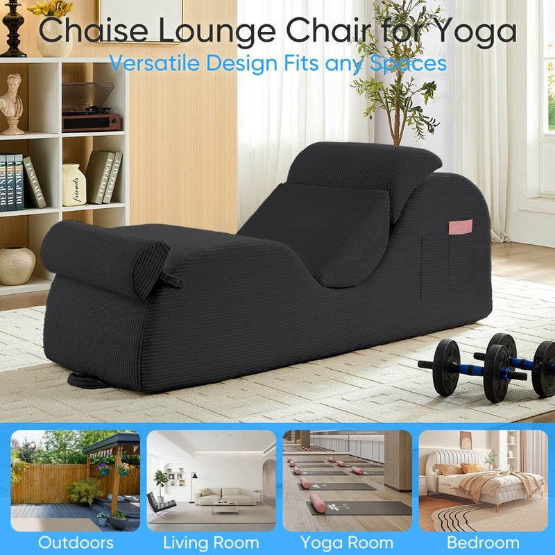 Mixoy Corduroy Yoga Chaise Lounge Chair,Curved Yoga Sofa with Movable Headrest/Waist Cushion/Footrest,Non-Slip Bottom