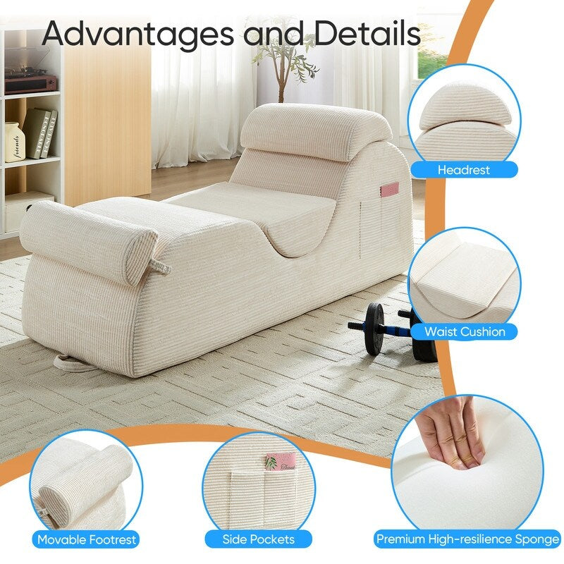 Mixoy Corduroy Yoga Chaise Lounge Chair,Curved Yoga Sofa with Movable Headrest/Waist Cushion/Footrest,Non-Slip Bottom