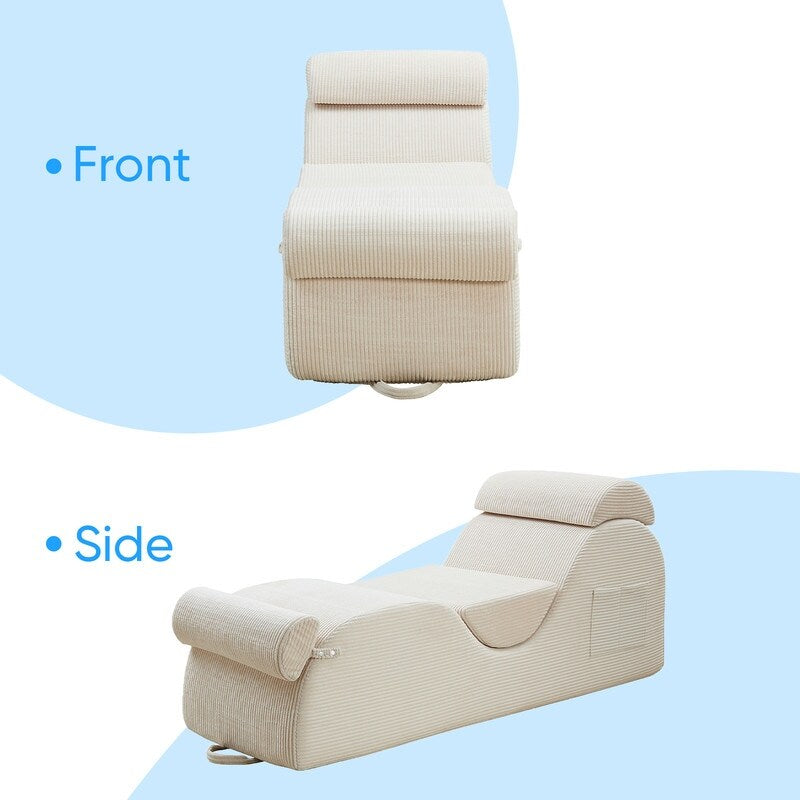 Mixoy Corduroy Yoga Chaise Lounge Chair,Curved Yoga Sofa with Movable Headrest/Waist Cushion/Footrest,Non-Slip Bottom