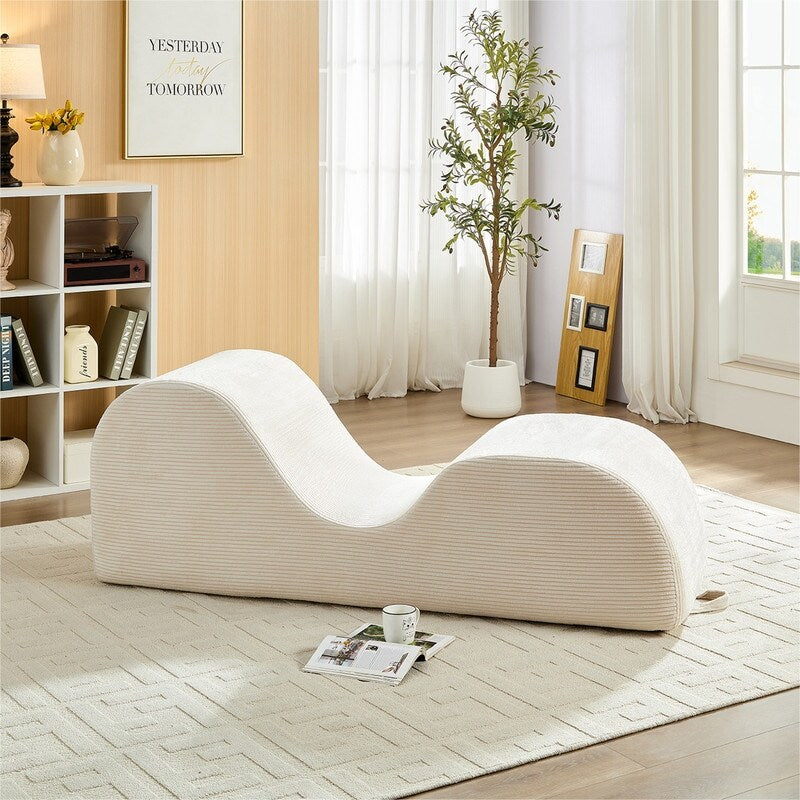 Mixoy Corduroy Yoga Chaise Lounge Chair,Curved Yoga Sofa with Movable Headrest/Waist Cushion/Footrest,Non-Slip Bottom