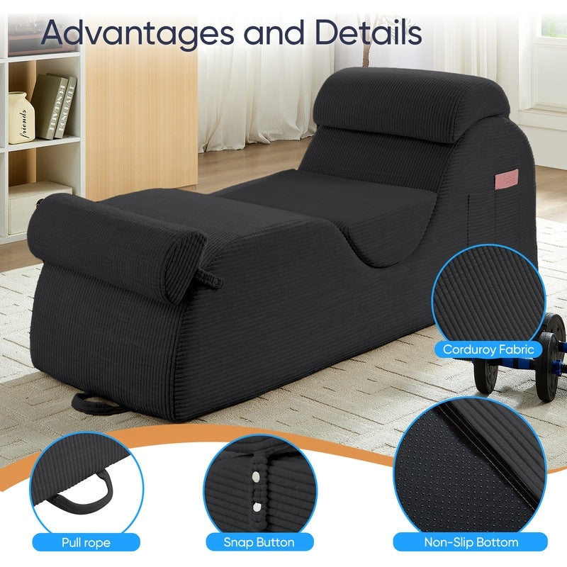 Mixoy Corduroy Yoga Chaise Lounge Chair,Curved Yoga Sofa with Movable Headrest/Waist Cushion/Footrest,Non-Slip Bottom