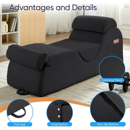 Mixoy Corduroy Yoga Chaise Lounge Chair,Curved Yoga Sofa with Movable Headrest/Waist Cushion/Footrest,Non-Slip Bottom