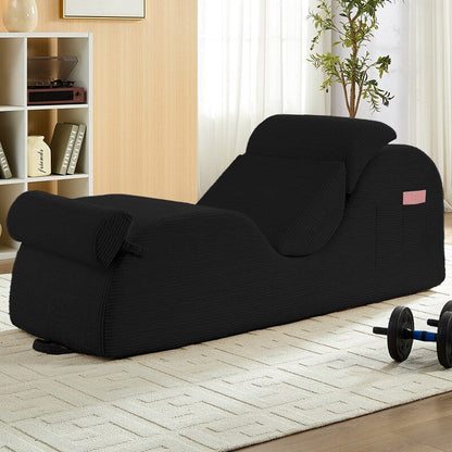 Mixoy Corduroy Yoga Chaise Lounge Chair,Curved Yoga Sofa with Movable Headrest/Waist Cushion/Footrest,Non-Slip Bottom