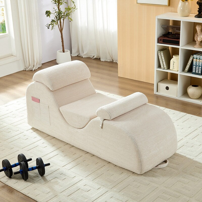 Mixoy Corduroy Yoga Chaise Lounge Chair,Curved Yoga Sofa with Movable Headrest/Waist Cushion/Footrest,Non-Slip Bottom