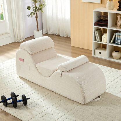 Mixoy Corduroy Yoga Chaise Lounge Chair,Curved Yoga Sofa with Movable Headrest/Waist Cushion/Footrest,Non-Slip Bottom