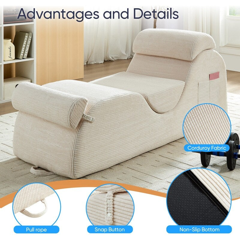 Mixoy Corduroy Yoga Chaise Lounge Chair,Curved Yoga Sofa with Movable Headrest/Waist Cushion/Footrest,Non-Slip Bottom
