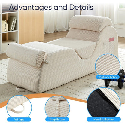Mixoy Corduroy Yoga Chaise Lounge Chair,Curved Yoga Sofa with Movable Headrest/Waist Cushion/Footrest,Non-Slip Bottom