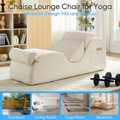 Mixoy Corduroy Yoga Chaise Lounge Chair,Curved Yoga Sofa with Movable Headrest/Waist Cushion/Footrest,Non-Slip Bottom