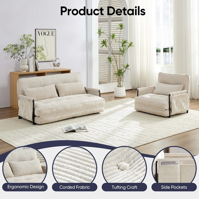 Mixoy Muti-Functional Folding Floor Sofa Bed,Lazy Sofa with Pillows,6 Position Adjustable Backrest-2+1