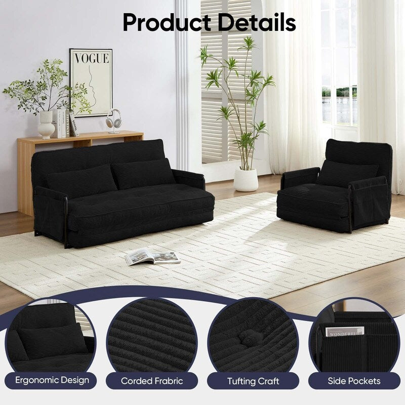 Mixoy Muti-Functional Folding Floor Sofa Bed,Lazy Sofa with Pillows,6 Position Adjustable Backrest-2+1