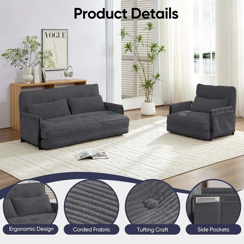 Mixoy Muti-Functional Folding Floor Sofa Bed,Lazy Sofa with Pillows,6 Position Adjustable Backrest-2+1