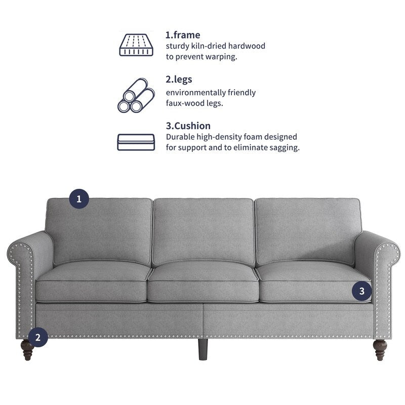 Mixoy W76'' Modern Soft Linen Fabric 3-Seater Sofa Couch with Rivet Design for Living Room